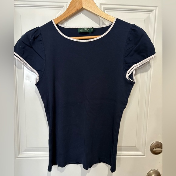 Lauren by Ralph Lauren stretch ribbed blouse navy white size XL shirt - Picture 1 of 7
